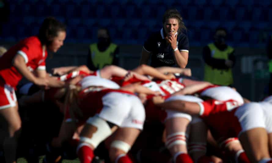Scotland’s captain, Helen Nelson, watches a scrum in her team’s win against Wales.