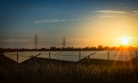 Solar panels in a field at sunset