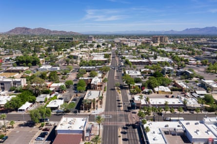 Aerial view of a low-rise US city on a desert plain