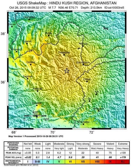 Map of the region in Afghanistan where the earthquake struck.