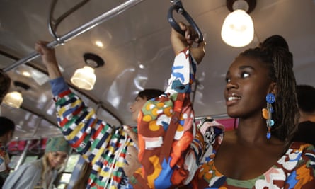 Models on a tram wearing items from the Missoni spring-summer 2020 collection in Milan, 2019.