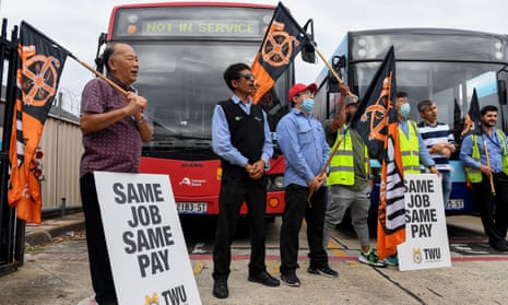 Bus drivers participate in a strike at Burwood Bus Depot in Sydney