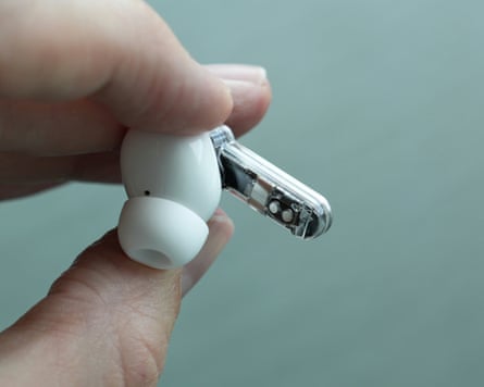 The back of the stalks of the Nothing Ear 3 earbuds.