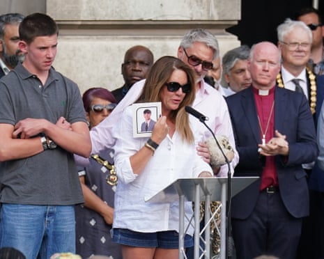 Emma Webber, the mother of Barnaby Webber, at a vigil in Nottingham, after the murders of Barnaby, Grace O'Malley-Kumar and Ian Coates, 15 June 2023.