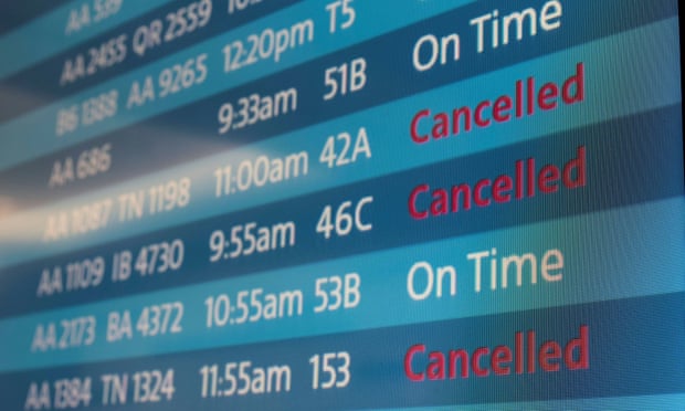 A screen showing cancelled flights in Los Angeles.