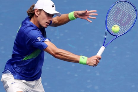 Alex De Minaur bops a backhand during his victory over Leandro Riedi.
