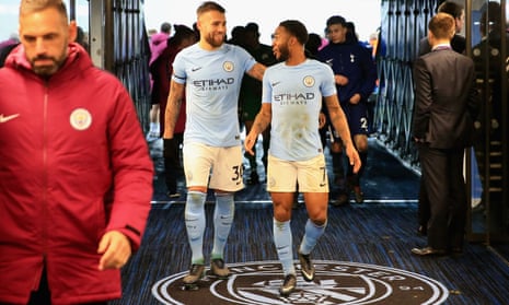 Nicolas Otamendi and Raheem Sterling look pretty pleased with the result as they make their way back down the tunnel to the Manchester City dressing room.