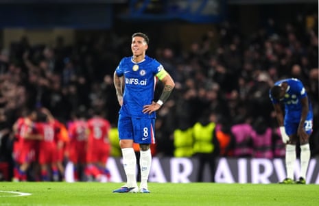 Chelsea’s Enzo Fernandez reacts after conceding their side’s second goal of the game to Paris Saint-Germain’s Bradley Barcola (not pictured).