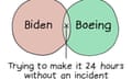 A Venn diagram with Biden in one circle and Boeing in the other, and the caption: Trying to make it 24 hours without an incident