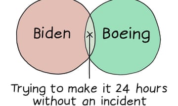 A Venn diagram with Biden in one circle and Boeing in the other, and the caption: Trying to make it 24 hours without an incident