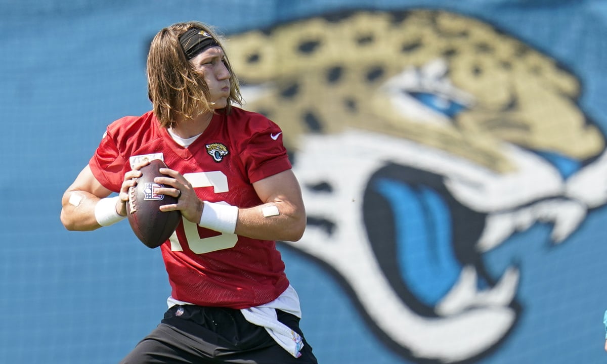 2021 First overall pick by the Jaguars Trevor Lawrence dropping back to throw a pass during training camp "pictured here" 