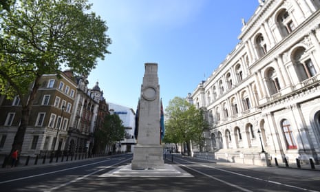The cenotaph stands in a locked-down Whitehall on VE Day.