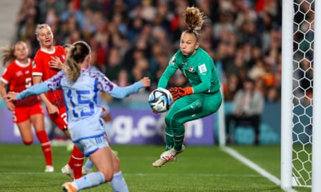 In her last game, Switzerland's Gaelle Thalmann makes a save in the Women's World Cup match against Spain at Eden Park.