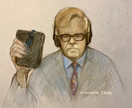 Court illustration of Sir Elton John holding up a book in court.