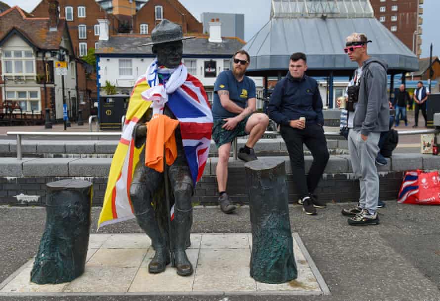 The Baden-Powell statue in Poole draped in flags.