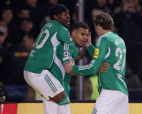 Malick Thiaw (centre) celebrates with teammates after doubling Newcastle United’s lead against Qarabag.