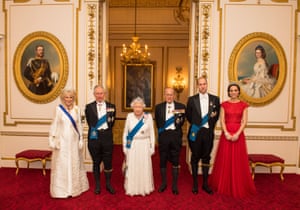 2016: the Duchess of Cornwall, the Prince of Wales, Queen Elizabeth II, the Duke of Edinburgh, and Duke and Duchess of Cambridge arrive for the annual evening reception for members of the diplomatic corps at Buckingham Palace, London