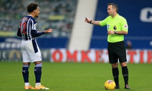 West Brom’s Matheus Pereira reacts with disbelief after being sent off by Paul Tierney