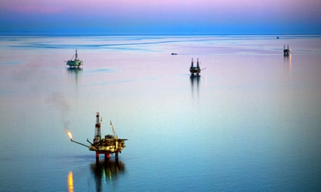 Offshore oil and gas production in the Cook Inlet Oilfield of Alaska.