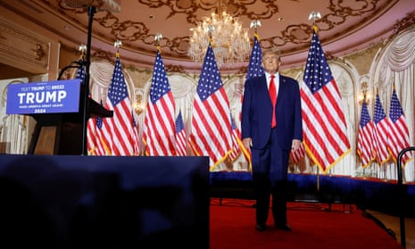 Former U.S. President Donald Trump announces he will run for president in 2024 at his Mar-a-Lago estate in Palm Beach<br>Former U.S. President Donald Trump stands onstage listening to applause as he arrives to announce that he will once again run for U.S. president in the 2024 U.S. presidential election during an event at his Mar-a-Lago estate in Palm Beach, Florida, U.S. November 15, 2022. REUTERS/Jonathan Ernst