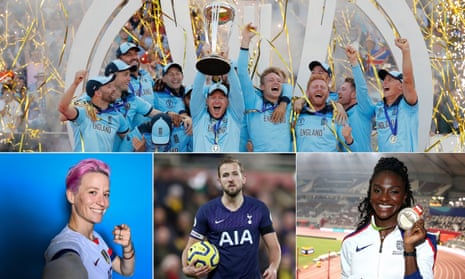 Clockwise from top: Eoin Morgan lifts the 2019 Cricket World Cup; GB’s Dina Asher-Smith with her 200m world championship gold; Harry Kane; Megan Rapinoe.