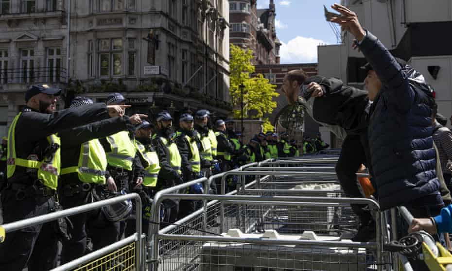 Far-right protesters confront police in London on 13 June.