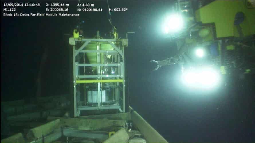 A remotely operated vehicle approaches one of the two observatory platforms used to monitor the fish, in water 1,400m deep off the coast of Angola.