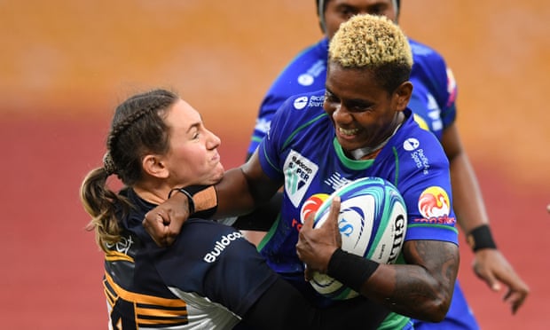 Roela Radiniyavuni (right) of the Fijian Drua is tackled by Jemima McCalman (left) of the Brumbies during a round 8 Super W rugby match.
