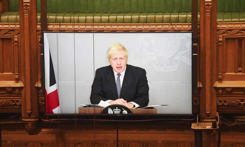 Boris Johnson appears via video link to the House of Commons.