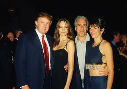 Donald Trump and his girlfriend (and future wife), former model Melania Knauss, financier Jeffrey Epstein, and British socialite Ghislaine Maxwell pose together at the Mar-a-Lago club, in Florida, on 12 February 2000.