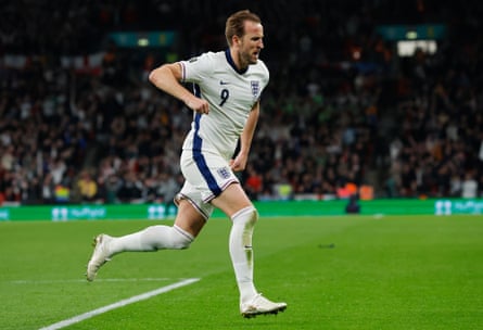 Harry Kane celebrates after scoring England’s second goal against Albania at Wembley