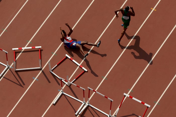 Yordani Garcia falls in the Men’s Decathlon 110 metres hurdles