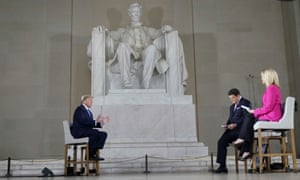 Donald Trump participates in a coronavirus disease town hall on America returning to work, held at Lincoln Memorial in Washington on May 3.
