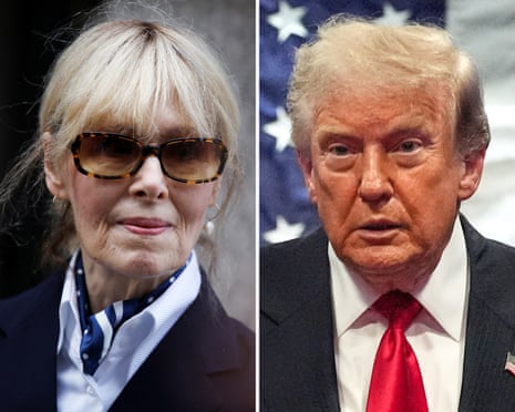 E. Jean Carroll wearing sunglasses, beside Donald Trump speaking in front of a flag