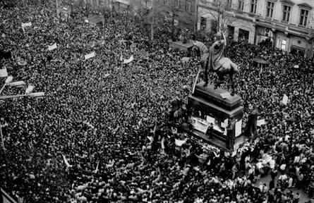 Wenceslas Square, Prague, where more than 500,000 protesters assembled during the Velvet Revolution in November 1989.