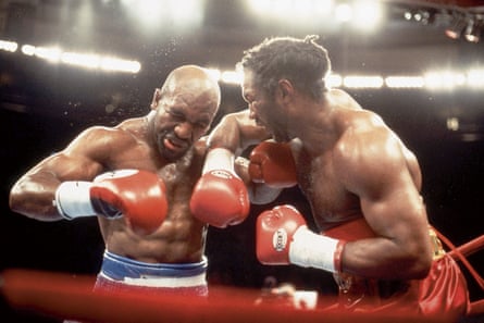 Closeup of Lennox Lewis (right) throwing a punch at Evander Holyfield at Madison Square Garden in March 1999.