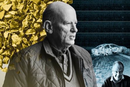 illustration featuring Clement Jackson (main), André Bekker, a burned out car and some mining ore