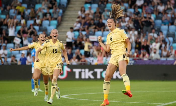 Tine De Caigny of Belgium celebrating after scoring a goal
