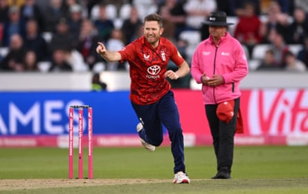 Liam Dawson celebrates Jos Buttler’s stumping of the West Indies batter Johnson Charles at Chester-le-Street in June.