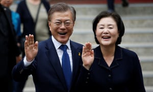 Moon Jae-in, the presidential candidate of the Democratic Party of Korea, and his wife Kim Jung-sook outside a polling station in Seoul, South Korea.
