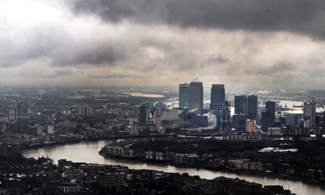Dark clouds above London's financial district Canary Wharf