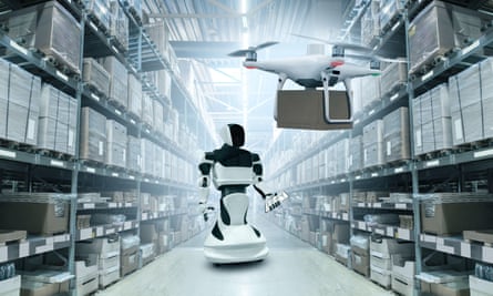 A robot and delivery drone working in an automatic warehouse.
