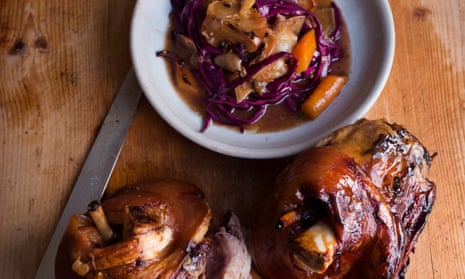 ‘Don’t attempt to hurry it’: braised pork knuckle, apples and red cabbage.