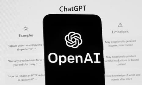 A mobile phone screen displaying the OpenAI logo in front of the ChatGPT homepage