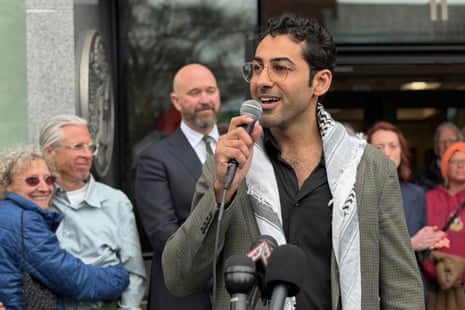 Mohsen Mahdawi speaks outside the courthouse after a judge released the Palestinian student activist, on April 30, 2025 in Burlington, Vt.