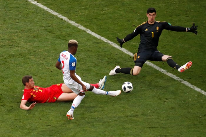 Panama’s Michael Amir Murillo has a effort saved by Belgium’s Thibaut Courtois.