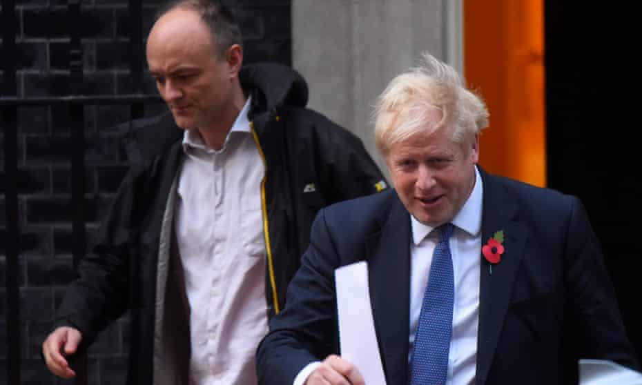 Prime Minister Boris Johnson and his political advisor Dominic Cummings leave 10 Downing Street on October 28, 2019 in London, England