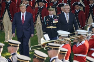 Trump and Morrison review the troops during an official arrival ceremony.