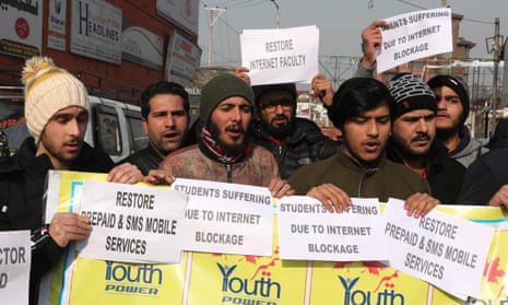 A protest in Srinagar over the internet service blockade in Kashmir.