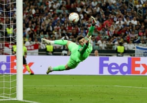 Arsenal’s Alex Iwobi (not pictured) scores their first goal past Chelsea’s Kepa Arrizabalaga